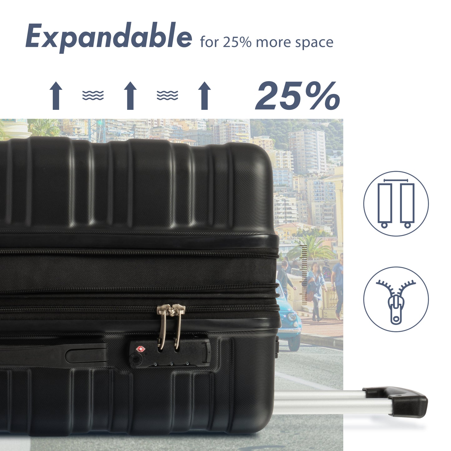 Hardshell Luggage Sets 3 Pcs Spinner Suitcase with TSA Lock Lightweight 20''24''28'' Black + ABS