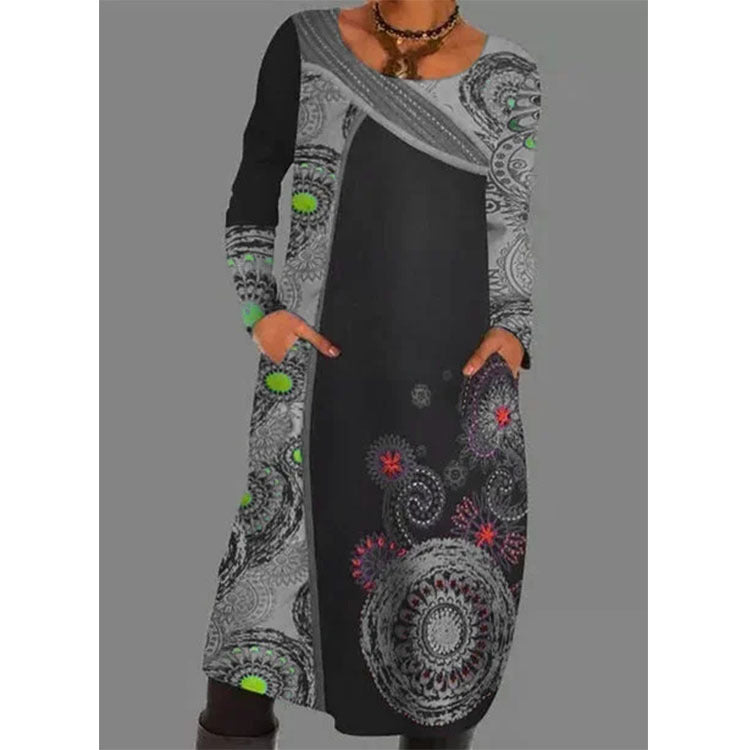 Pullover Print Ethnic Dress Long Sleeve Long Dress Skirt Ladies For Women