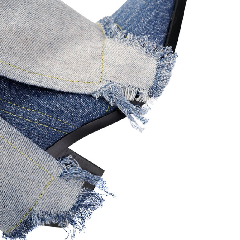 Processing Time:7-15 days after placing orders European and American Denim Knee High Boots for Women's Four Season Thick High-heeled Color Matching Sleeve Skirt Boots