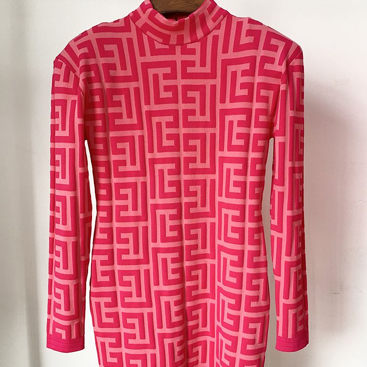 HIGH STREET Runway Fall Designer Women's Long Sleeve Monogram Jacquard Knit Dress