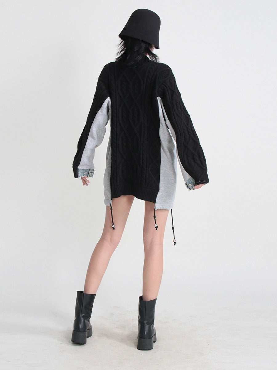Sweater Denim Stitched Irregular Knitted Sweater Pullovers Loose Long Autumn Winter Tops