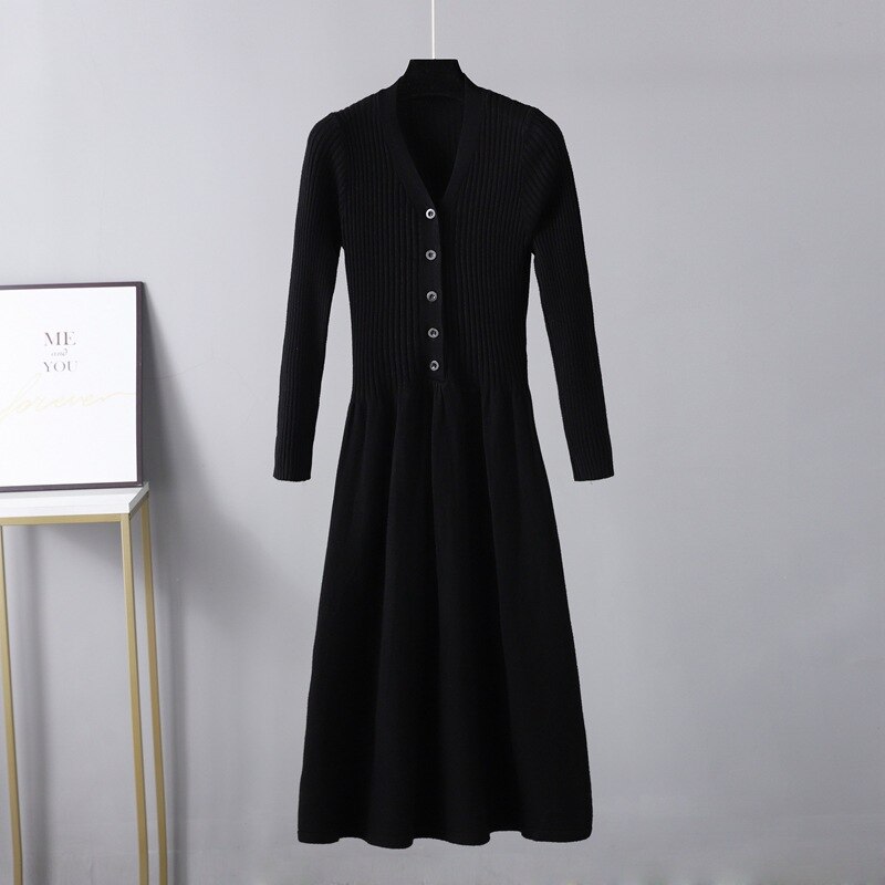 Winter Long Knit V Neck Women A Line Sweater Dress Single Breasted Pleated Dresses Christmas Party Holidays Dresses
