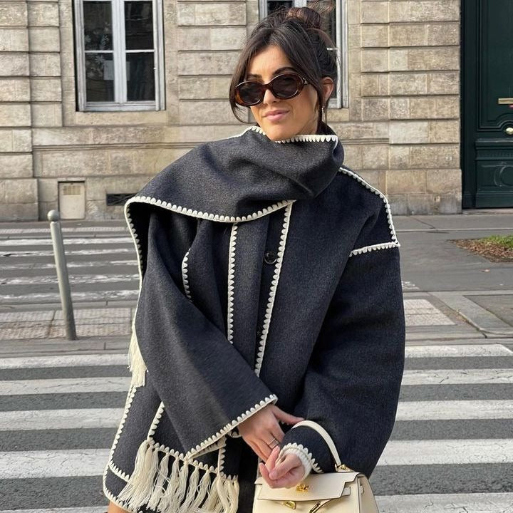 Warm Coats With Scarf Elegant Long Sleeve Pocket Single Breasted Jackets Autumn Winter Lady Loose Streetwear