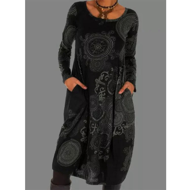 Pullover Print Ethnic Dress Long Sleeve Long Dress Skirt Ladies For Women