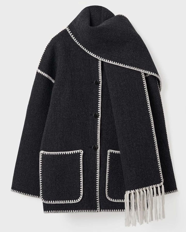 Warm Coats With Scarf Elegant Long Sleeve Pocket Single Breasted Jackets Autumn Winter Lady Loose Streetwear