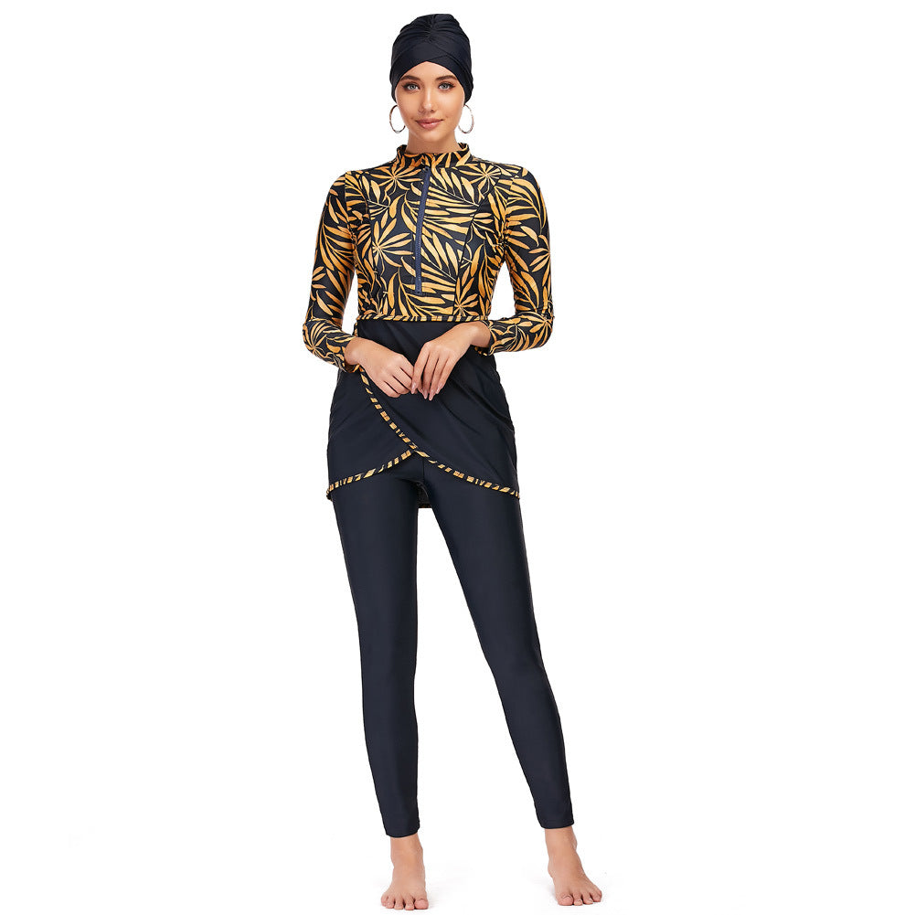 New Muslim swimsuit long-sleeved trousers three-piece conservative sunscreen with chest pad