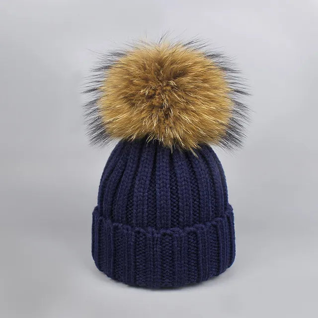 Knitted Fur Pompom Hat and Scarf Set for Children