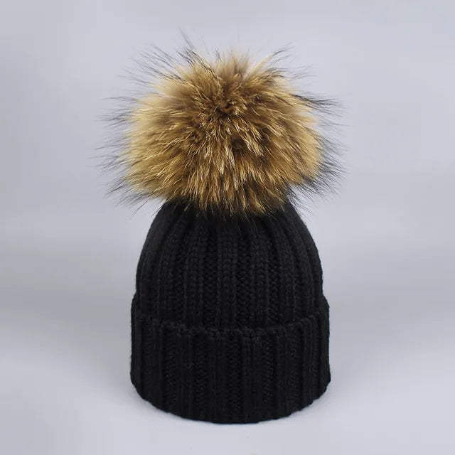 Knitted Fur Pompom Hat and Scarf Set for Children