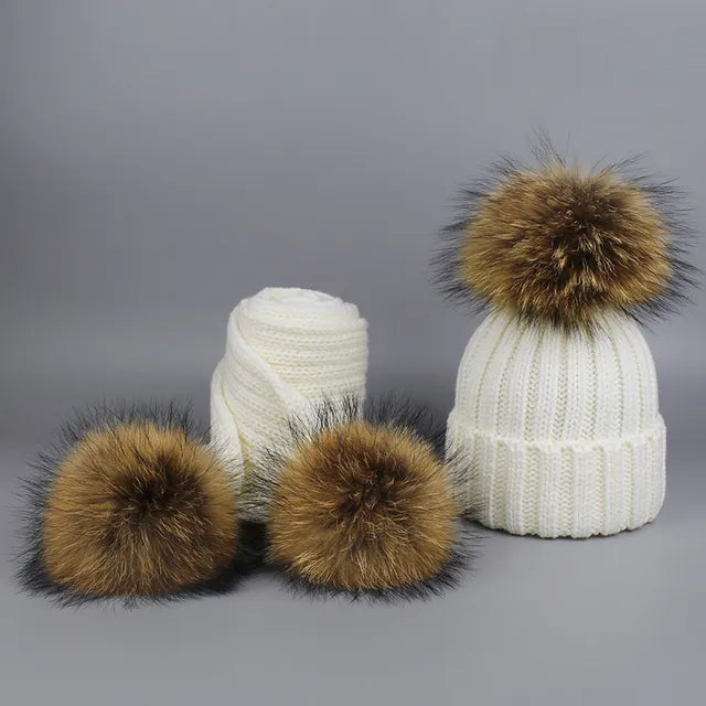 Knitted Fur Pompom Hat and Scarf Set for Children