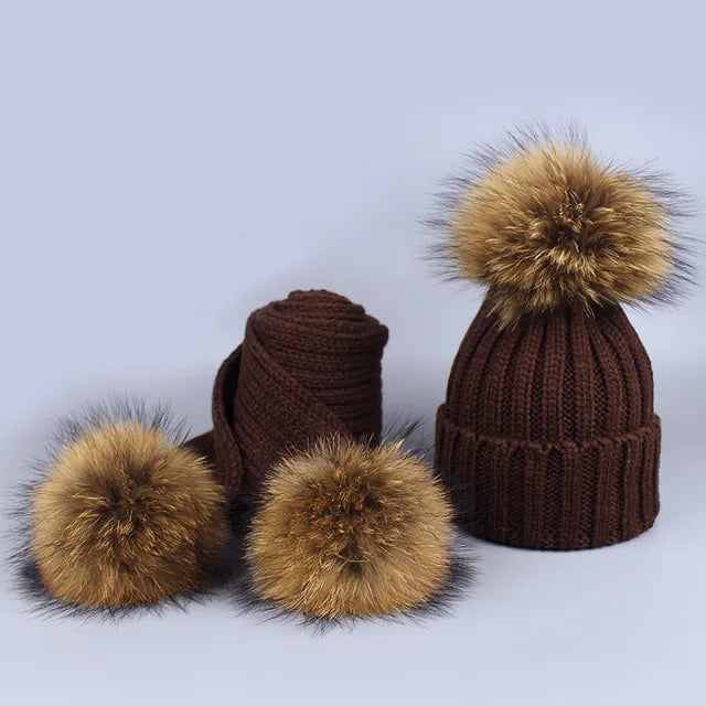 Knitted Fur Pompom Hat and Scarf Set for Children