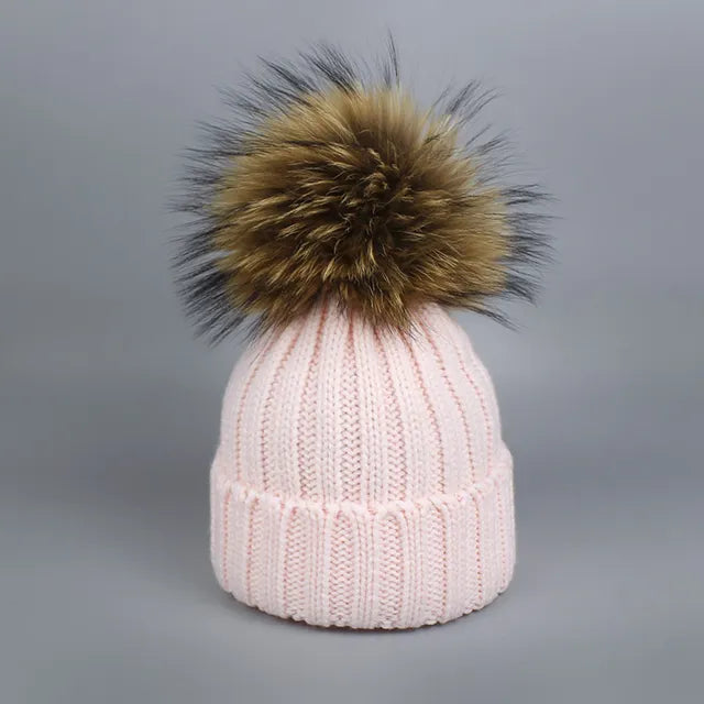 Knitted Fur Pompom Hat and Scarf Set for Children