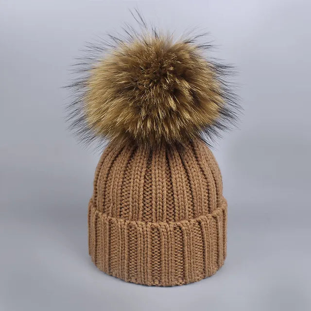 Knitted Fur Pompom Hat and Scarf Set for Children