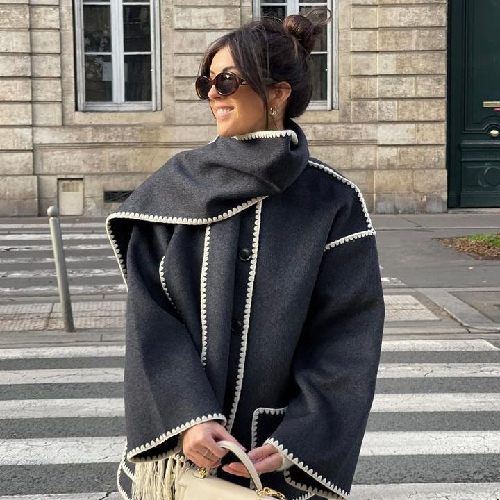 Warm Coats With Scarf Elegant Long Sleeve Pocket Single Breasted Jackets Autumn Winter Lady Loose Streetwear