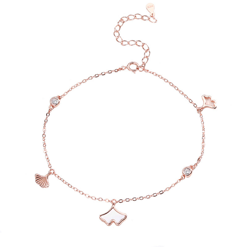 Ginkgo Biloba Anklet S925 Sterling Silver Korean Version Temperament Female Tassel Anklet Simple Student Niche Design Silver Jewelry
