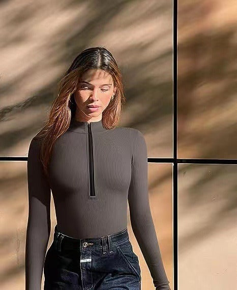 Long Sleeve Bodysuit Sexy Ribbed Bodysuit Front Zip Long Sleeve Top Bodysuit