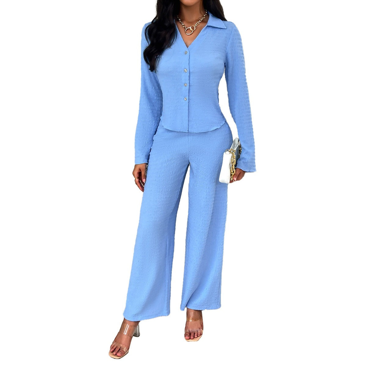 Temperament casual suit, long sleeved top, loose pants, 2-piece set