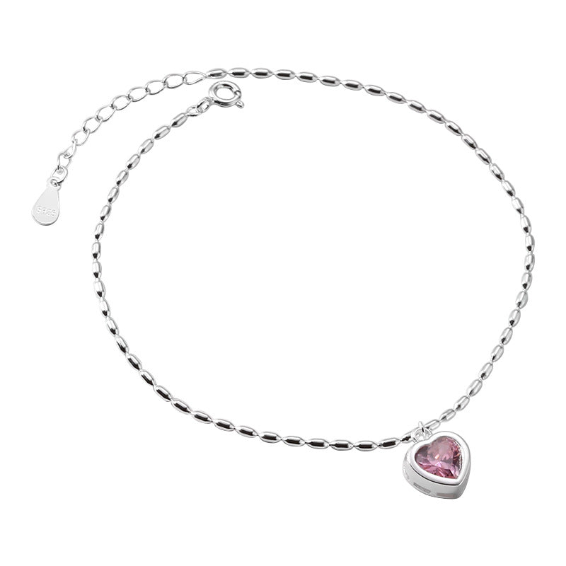 925 Whole Body Sterling Silver Love Pink Rice Grain Anklet Female Korean Version Simple Peach Heart-Shaped Student Girlfriend Accessories