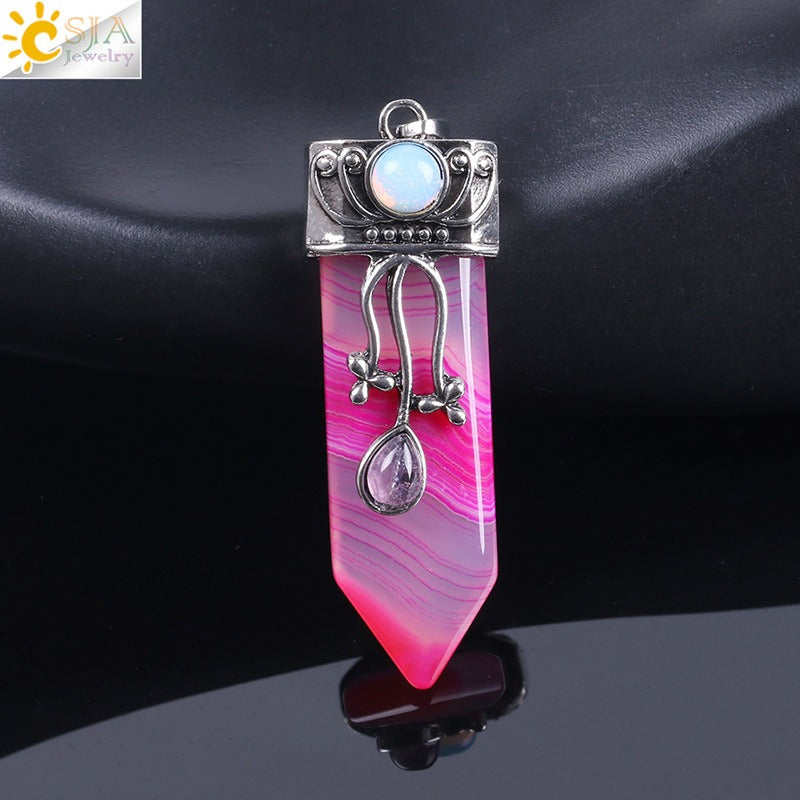 CSJA Vintage Large Natural Stone Sword-Shaped Pendant Jewelry Striped Crystal Agate Tiger Eye Jewelry Pendant Without Chain