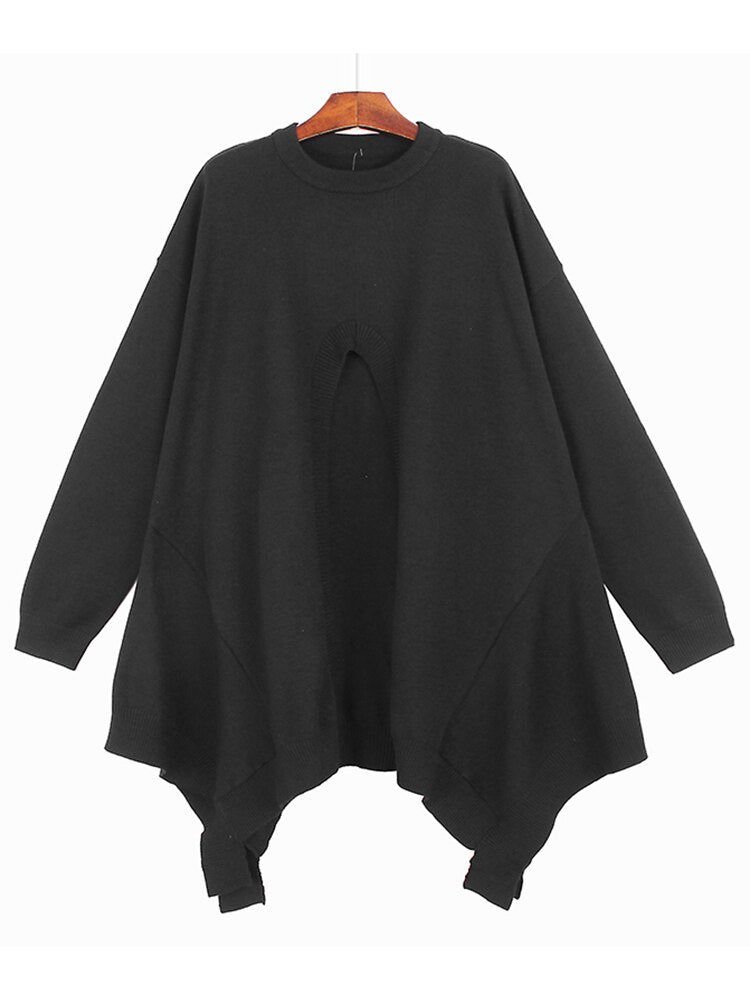 Split Sweater Irregular Full Sleeve Full Sleeve Solid Color Pleated Pullover Autumn Minority Loose Knitted