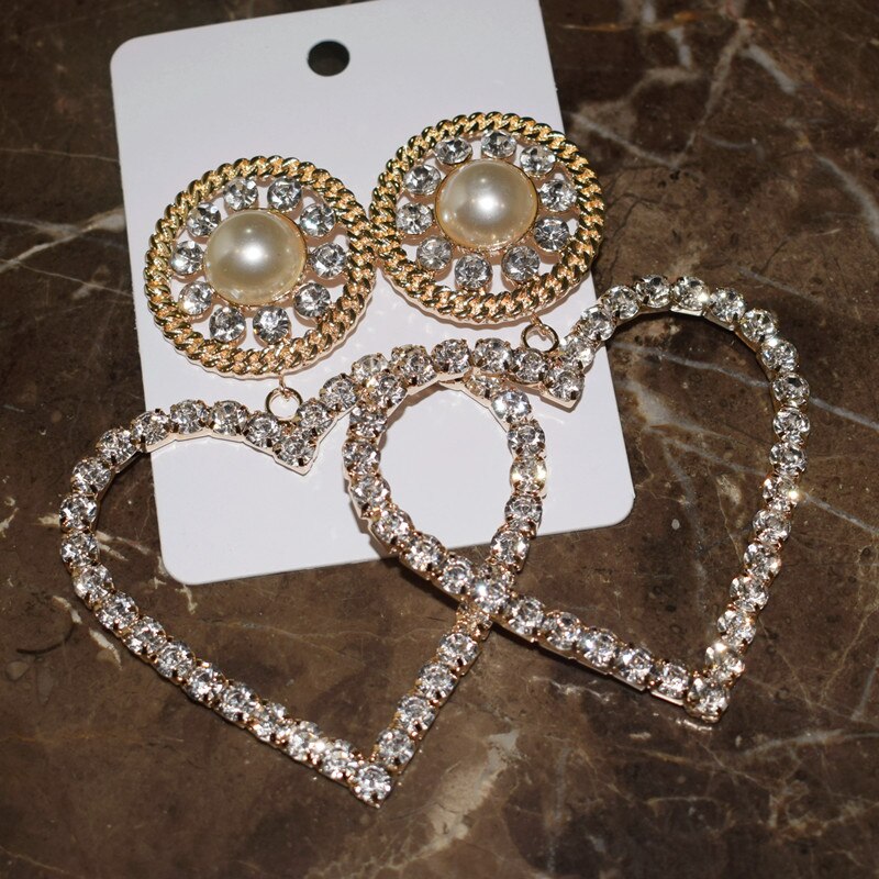 Exaggerated Catwalk Metal Heart Studded Peach Heart Earrings Rhinestone Pearl Heart Earrings
