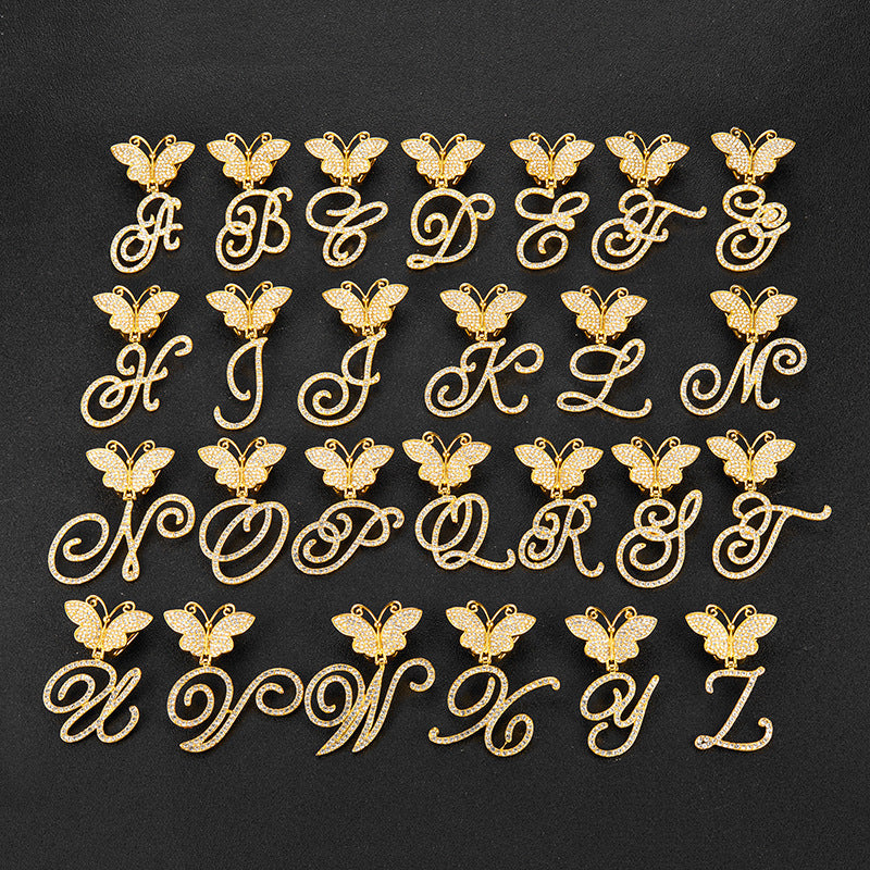 18inch Cuban Chain Butterfly Letter Full Diamond Pendant Cuban Chain Personalized Exaggerated Thick Chain Hiphop Jewelry