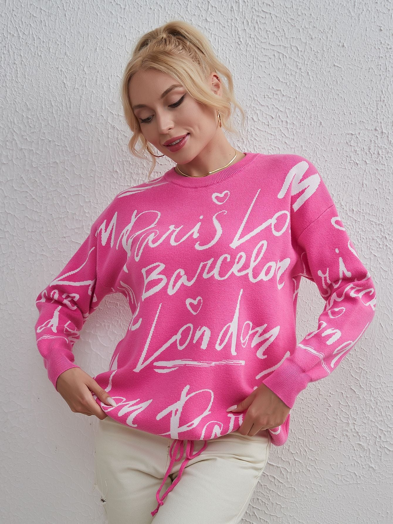 Sweater For Women Round Neck Long Sleeve Hit Color Patchwork Lace Up Knitting Pullover Sweaters Female