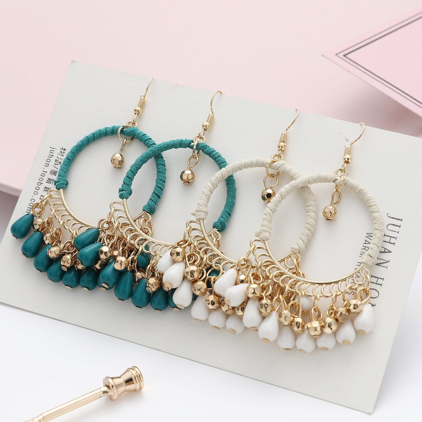 European and American ethnic style handmade woven earrings Bohemian retro round water drop tassel earrings