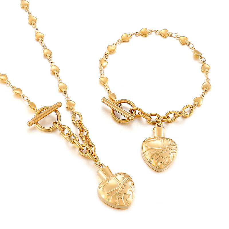 Temperament Fashion Ladies Stainless Steel Heart T-Button Bracelet Necklace Set