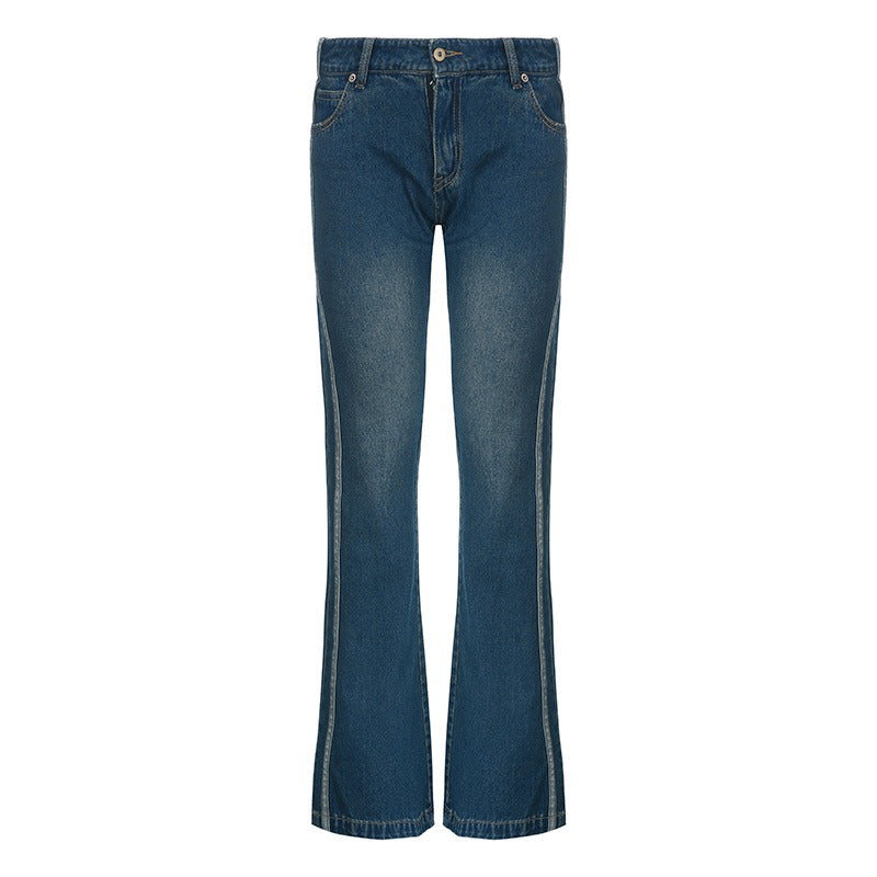 Vintage Flared Jeans Striped Stitching Skinny Low Rise Denim Pants Women Casual