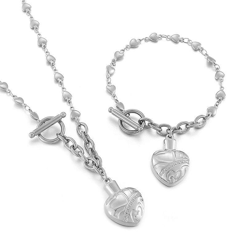 Temperament Fashion Ladies Stainless Steel Heart T-Button Bracelet Necklace Set