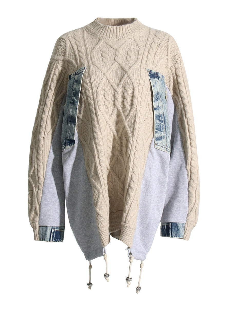 Sweater Denim Stitched Irregular Knitted Sweater Pullovers Loose Long Autumn Winter Tops