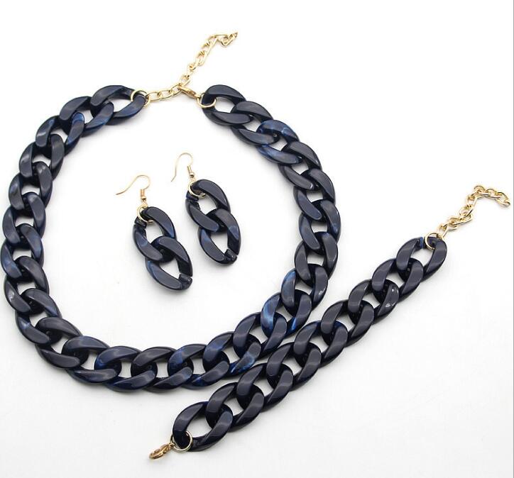 Stone Color Chain Necklace Acrylic Chain Buckle Earrings Bracelet Necklace Set