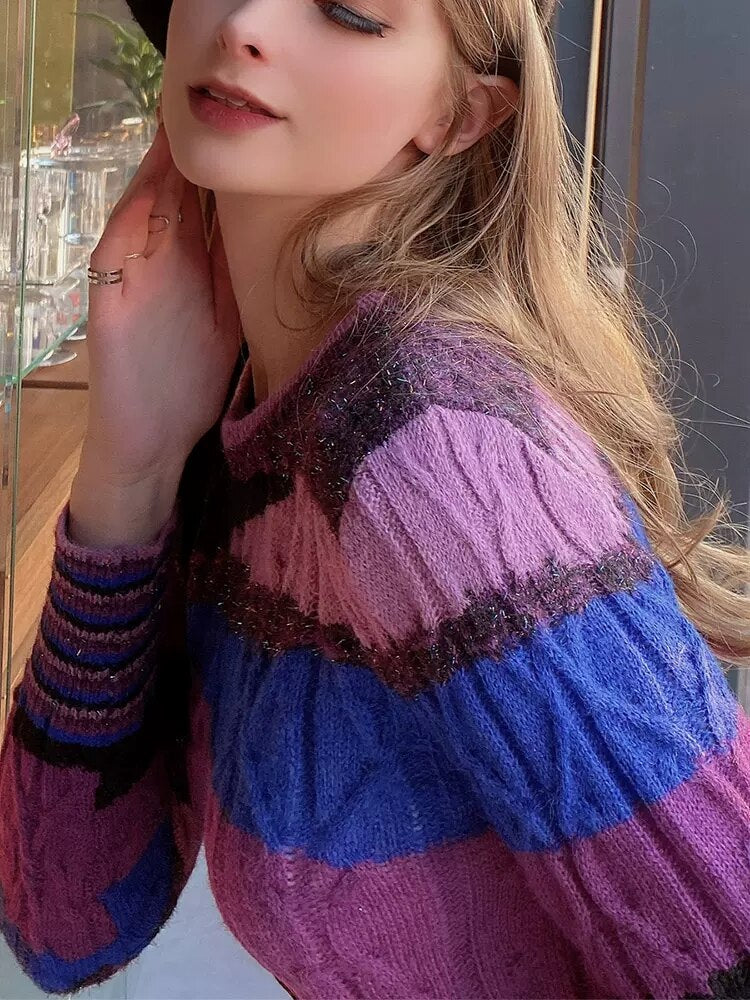 Women's High Quality Crew Neck Knitted Sweater Luxury Brand Contrast Color Gold Thread Pullover