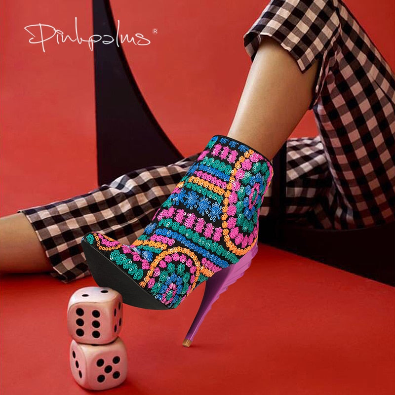 Pink Palms Shoes Women Boots Sequined Cloth Fuchsia Bling Paillette Shoes High Heels Pointed Toe Boots Sexy Ankle Boots