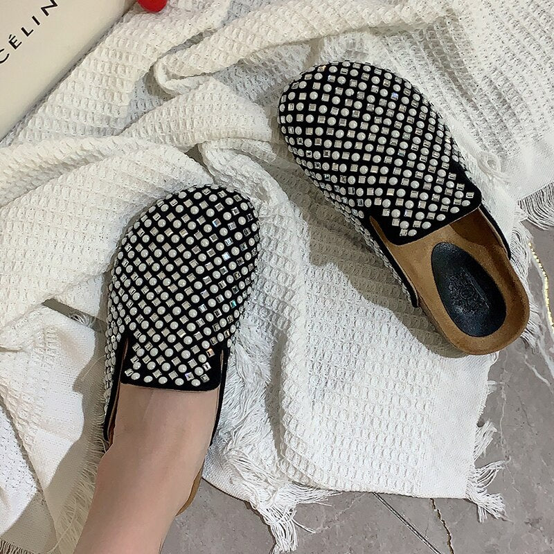 Mules Slippers Women New In 2023 Fashion Casual Summer Slides Rhinestones Female Shoes Ladies Outside Round Toe Flats