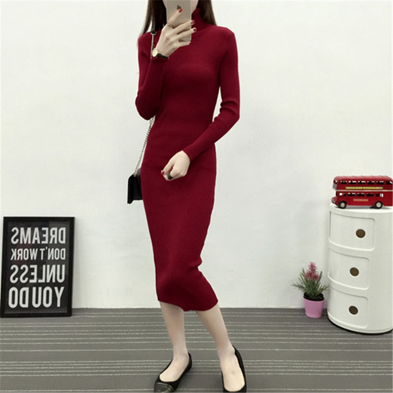 New Autumn Winter Women Knitted Dress Turtleneck Sweater Dresses Lady Slim Bodycon Long Sleeve Bottoming Dress