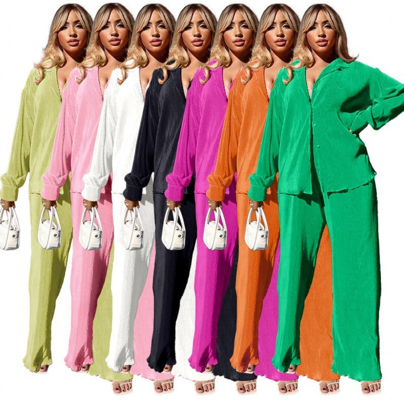 Women's Sets Long Sleeve Shirt Tops Wide Leg Pants Elegant Tracksuit Two Piece Set