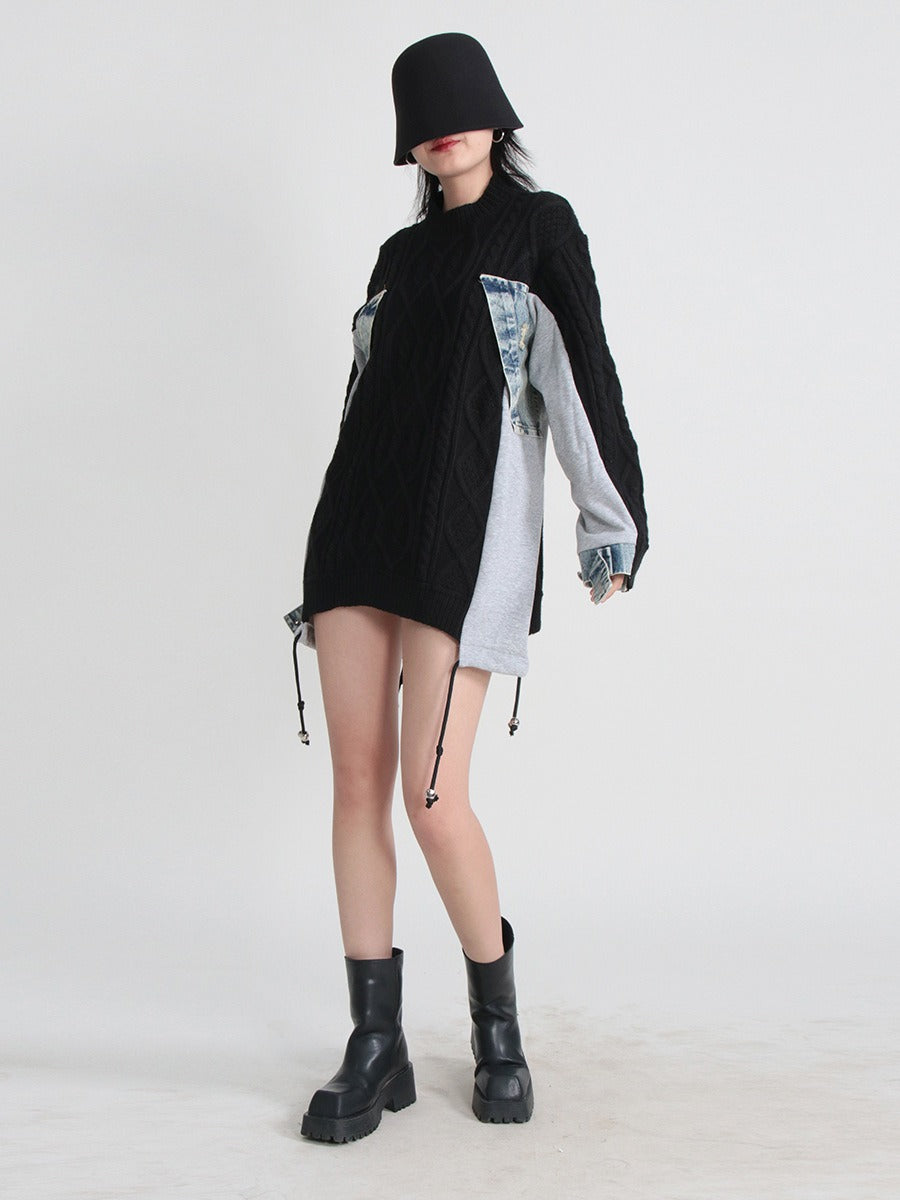 Sweater Denim Stitched Irregular Knitted Sweater Pullovers Loose Long Autumn Winter Tops