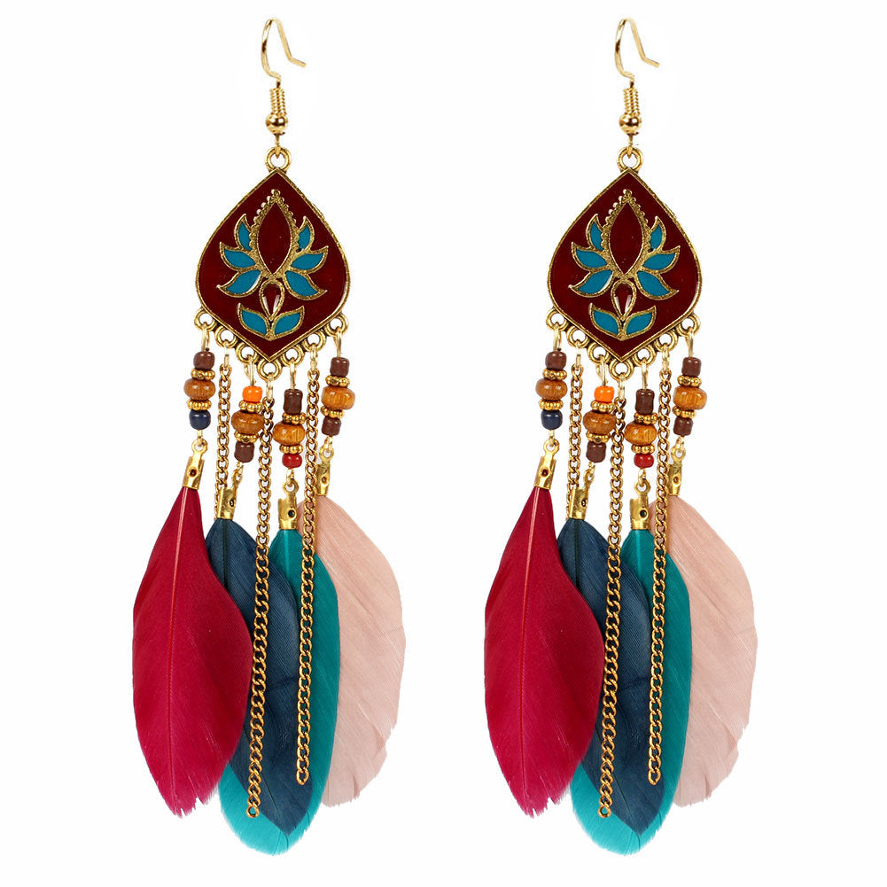Long Feather Fringe Earrings Exaggerated Indian Drop Earrings