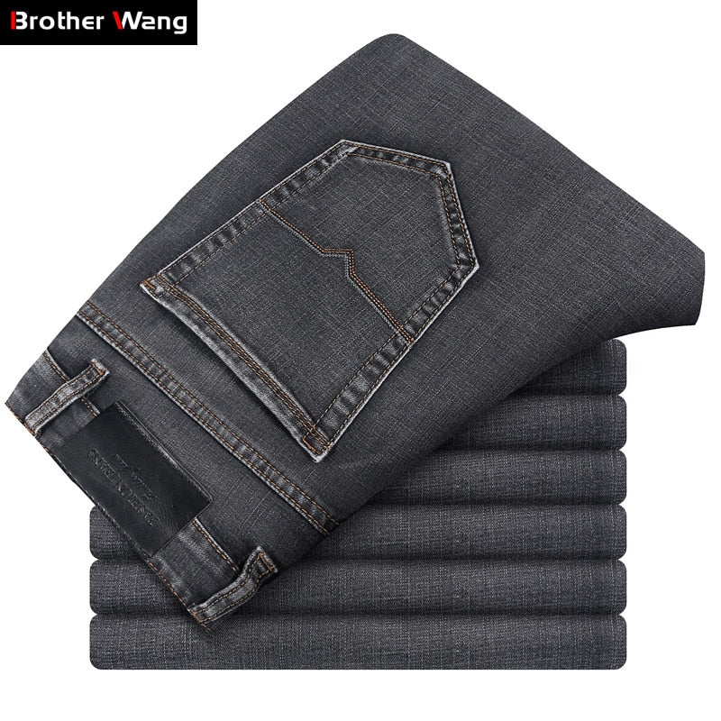 Brand Men Grey Casual Jeans Business Stretch Straight Denim Trousers Pants Male Plus Size