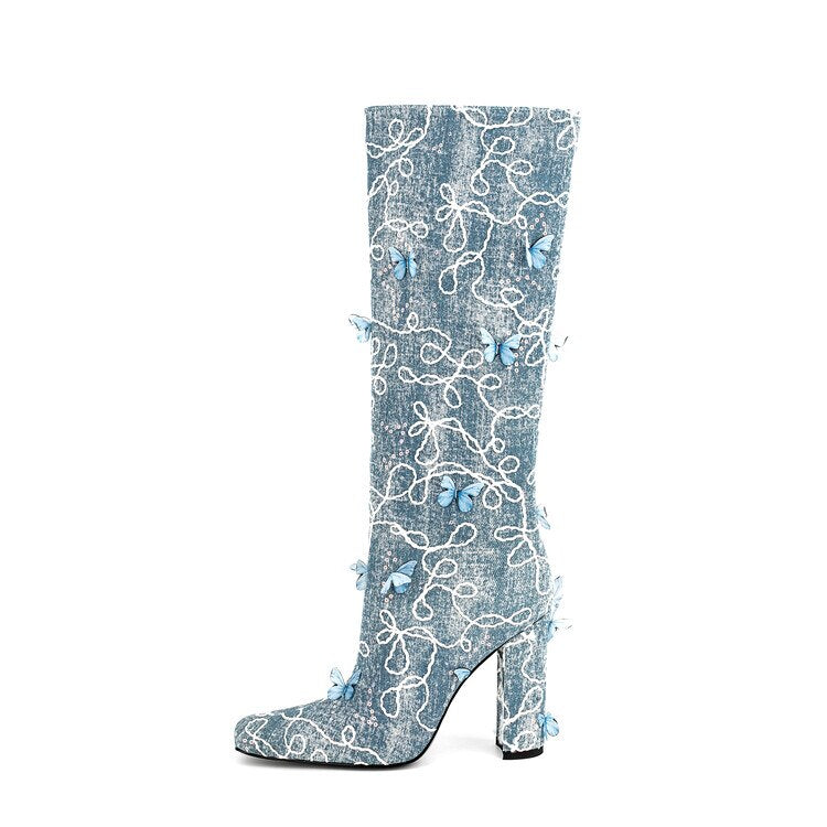 Processing Time:7-15 days after placing orders Women's Fashion Sexy Color Butterfly Decoration Square Head High Boots Autumn and Winter New Slope Heel Party Show Skirt Shoes