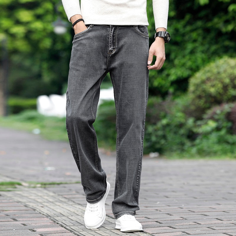 Brand Men Grey Casual Jeans Business Stretch Straight Denim Trousers Pants Male Plus Size
