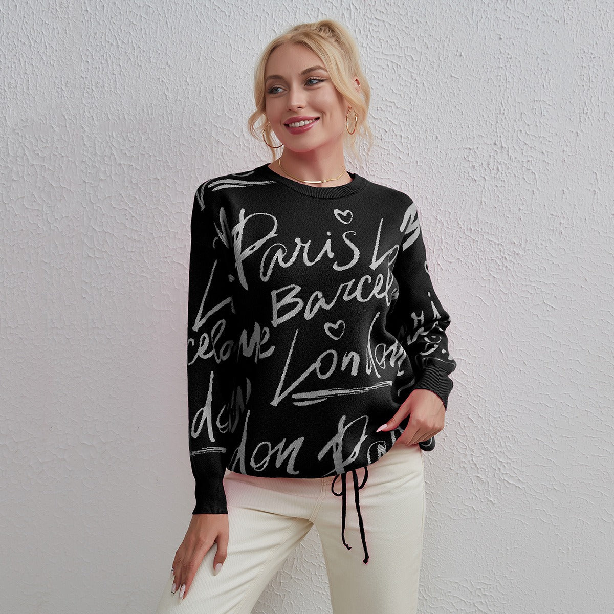 Sweater For Women Round Neck Long Sleeve Hit Color Patchwork Lace Up Knitting Pullover Sweaters Female