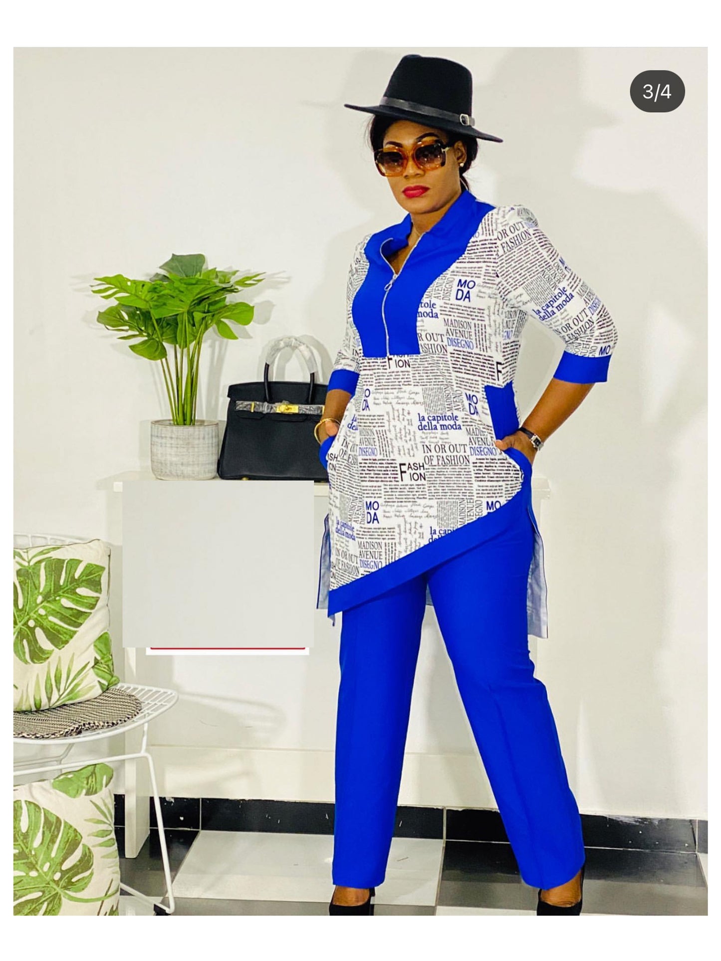 Dashiki African New Fashion Suit (Dress and Trousers) Zip Collar For Lady(ZMTZ#)