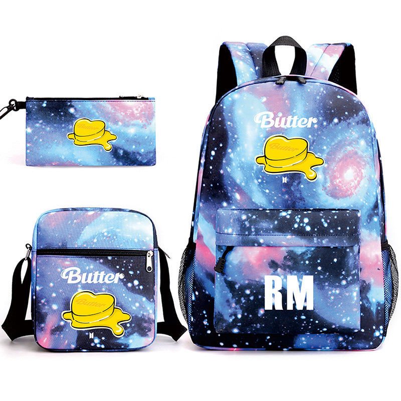 Bulletproof Youth League Butter Shoulder Starry School Bag Backpack Student Large Capacity Small Shoulder Bag Pencil Bag Three-Piece Set