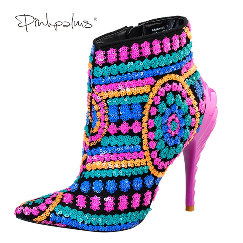 Pink Palms Shoes Women Boots Sequined Cloth Fuchsia Bling Paillette Shoes High Heels Pointed Toe Boots Sexy Ankle Boots