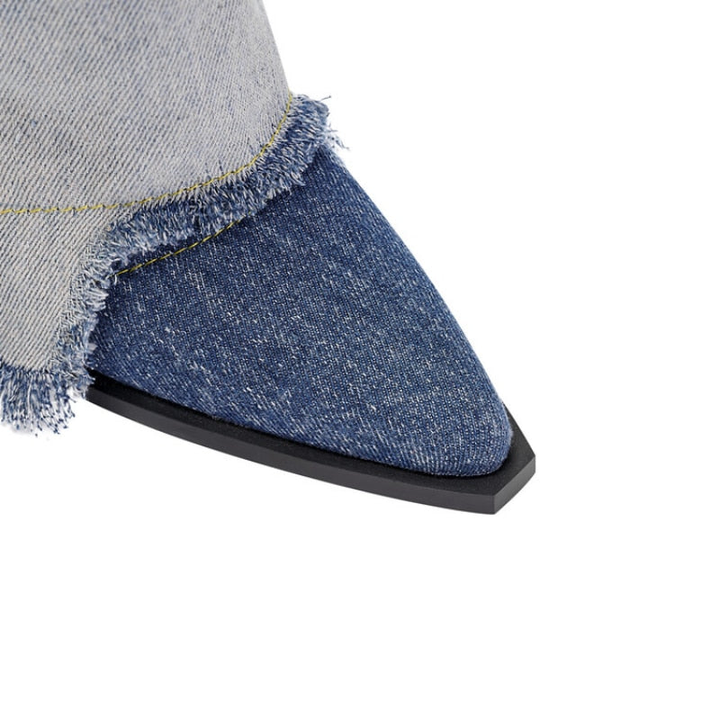 Processing Time:7-15 days after placing orders European and American Denim Knee High Boots for Women's Four Season Thick High-heeled Color Matching Sleeve Skirt Boots