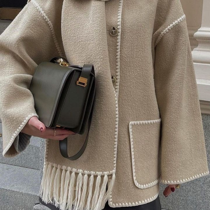 Warm Coats With Scarf Elegant Long Sleeve Pocket Single Breasted Jackets Autumn Winter Lady Loose Streetwear