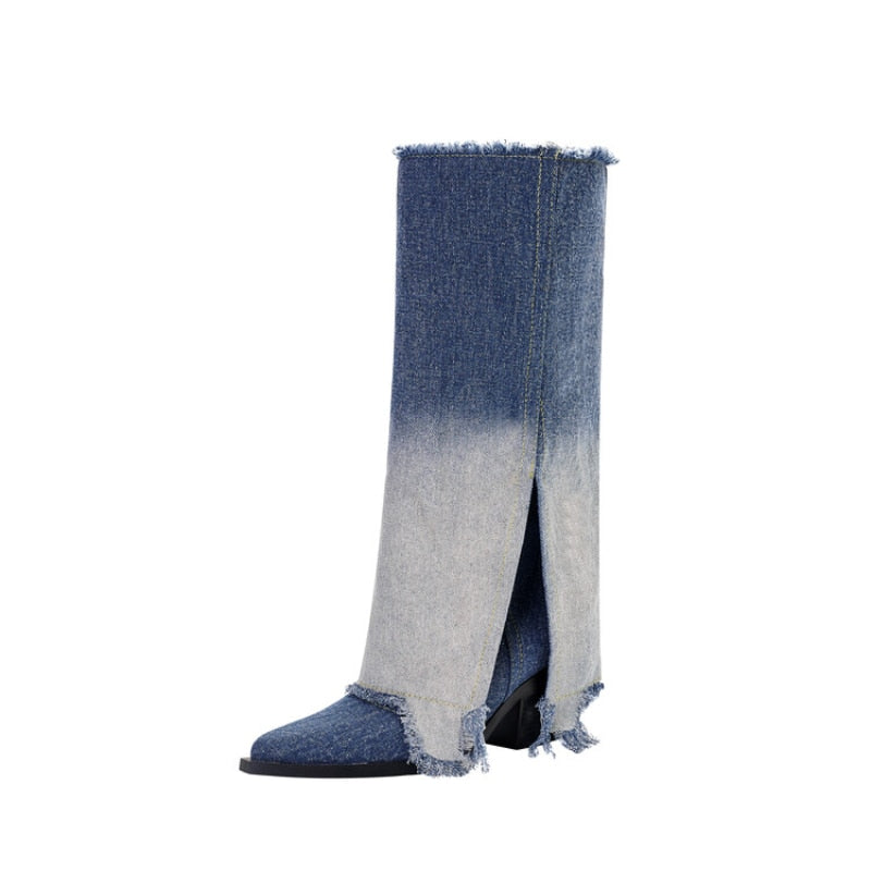 Processing Time:7-15 days after placing orders European and American Denim Knee High Boots for Women's Four Season Thick High-heeled Color Matching Sleeve Skirt Boots