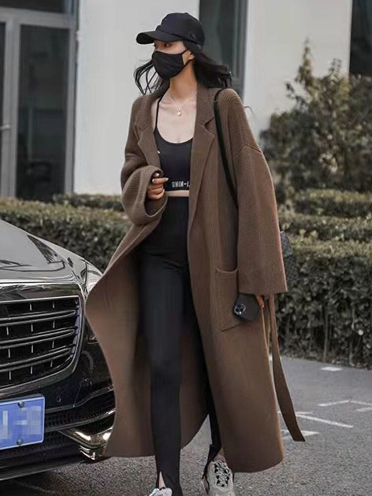 Knitting Cardigan Thicken Long Sweater Coat For Women Solid Lapel Loose Casual Vintage Clothing Autumn Winter